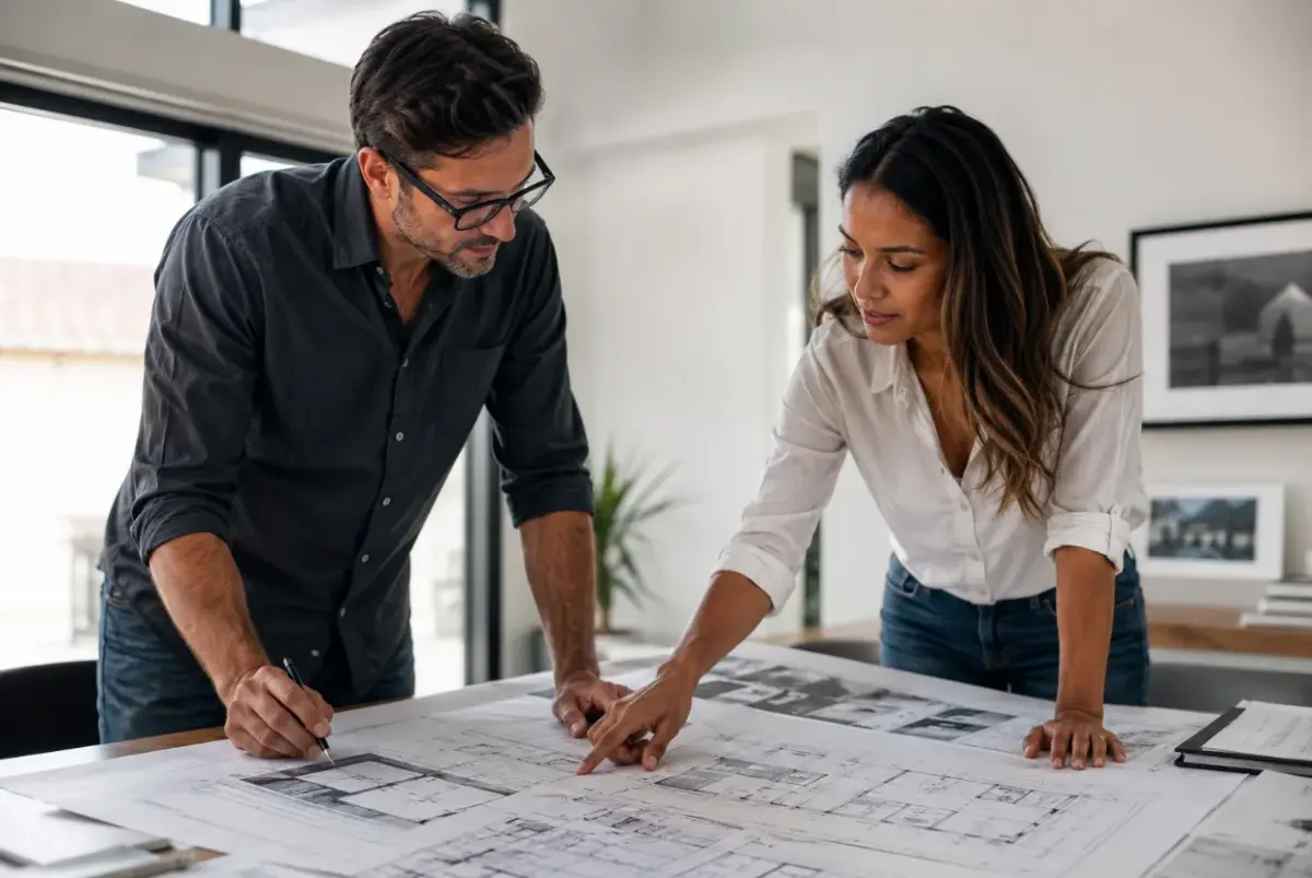 Architect reviewing ADU plans and permit documents for a Los Angeles property