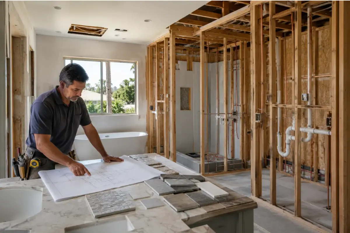 Bathroom renovation under construction in Los Angeles showing plumbing, electrical work, and remodeling preparation.