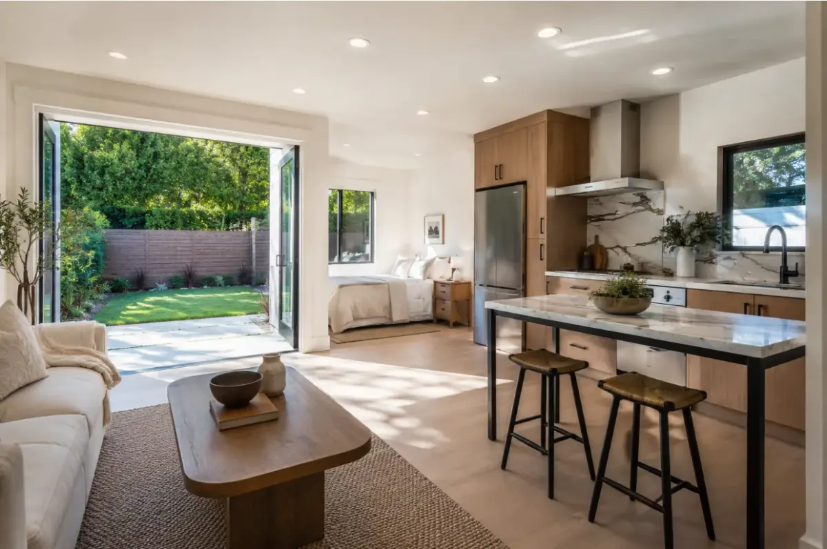 Bright modern garage conversion interior with open living space and large glass doors
