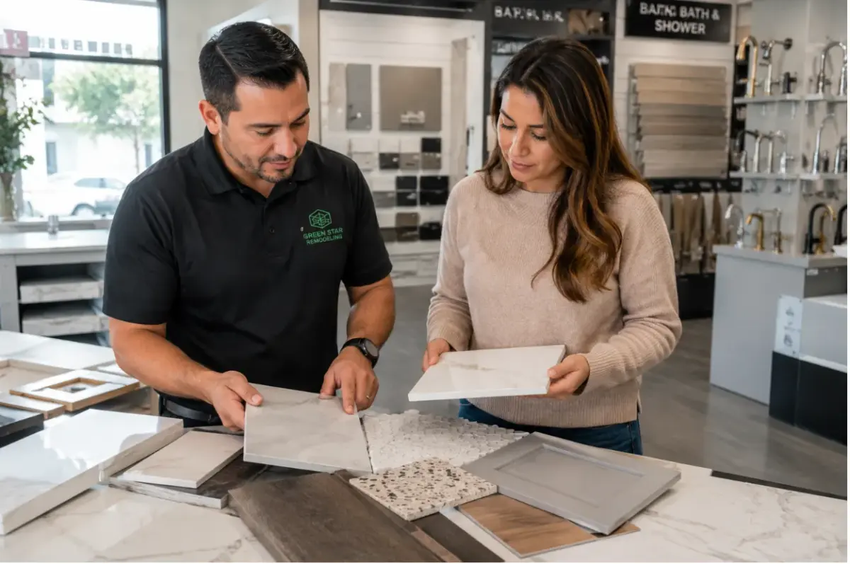 Homeowner choosing tile and countertop materials for a Los Angeles bathroom remodel