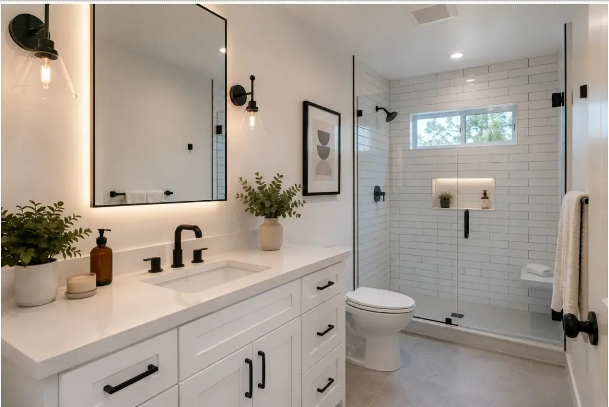 Completed mid-range bathroom remodel in Los Angeles with quartz countertops, modern fixtures, and tiled shower.