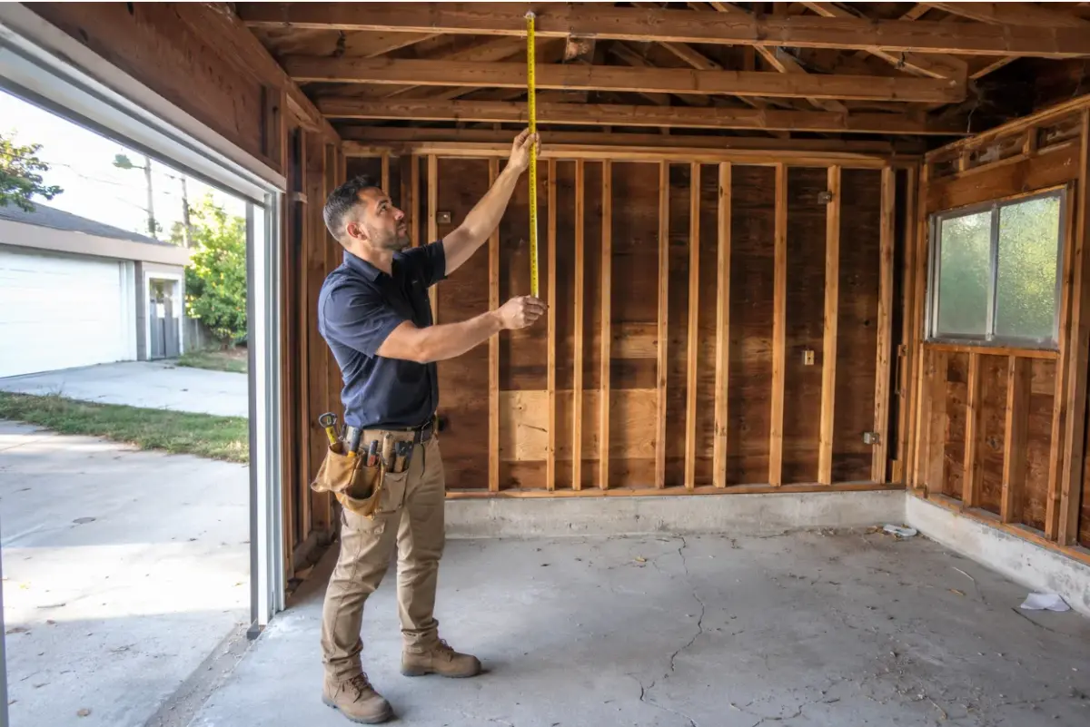 Contractor inspecting garage structure before ADU conversion in Los Angeles
