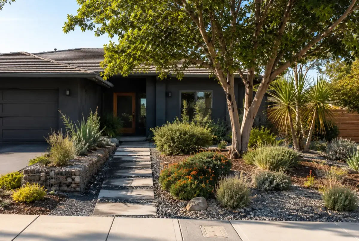 Drought-tolerant landscaping replacing a traditional lawn at a Los Angeles home as part of a sustainable remodeling project