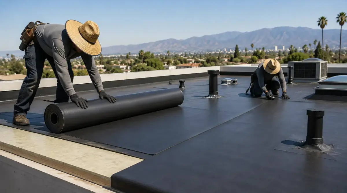Professional installation of a black EPDM rubber roofing membrane on a modern residential flat roof, showing clean seams, parapet walls, and durable waterproof construction.