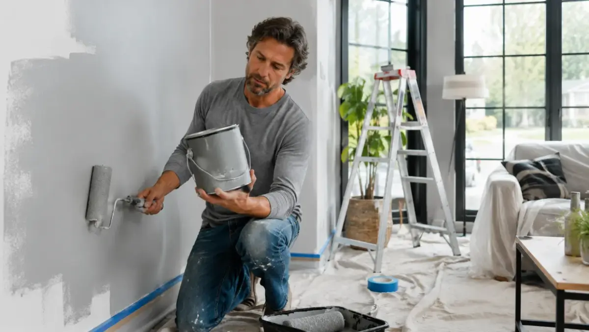 Homeowner painting an interior wall with exterior paint while reviewing paint specifications