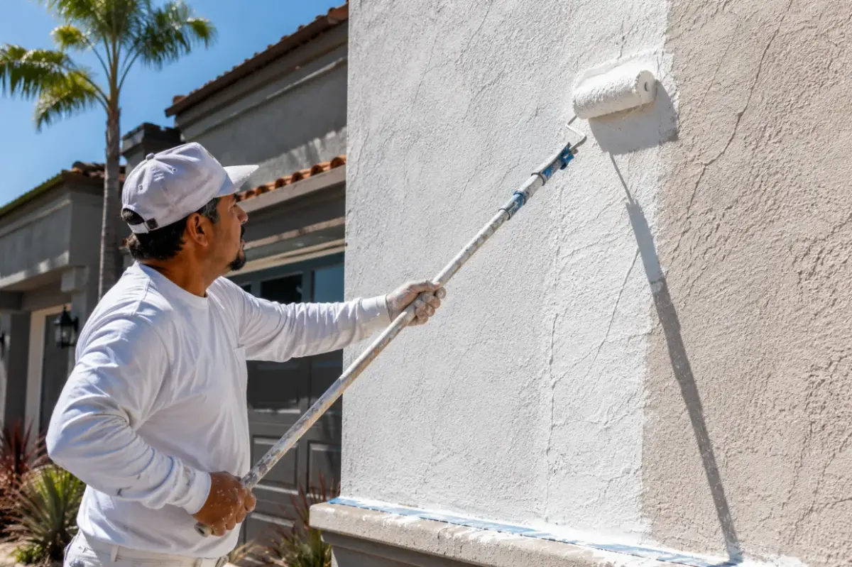 Exterior painter applying weather-resistant paint on stucco house in Los Angeles sun