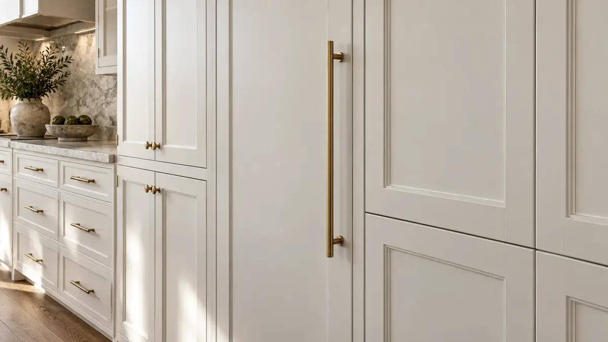 Flush refrigerator panel aligned with surrounding cabinet doors.
