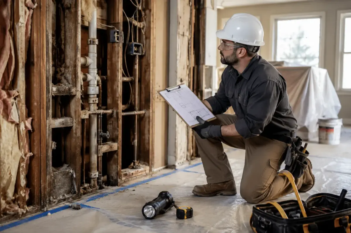 Contractor inspecting hidden structural damage and outdated plumbing discovered during a home remodeling project.