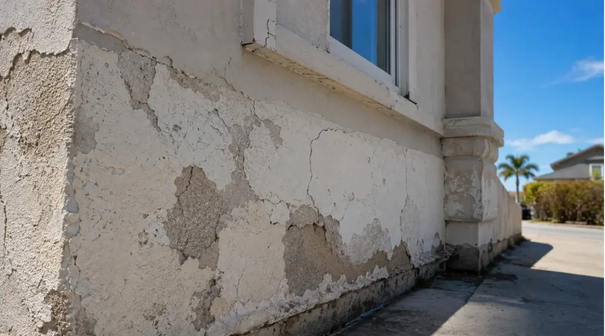 Exterior wall showing peeling and faded paint caused by using interior paint outdoors