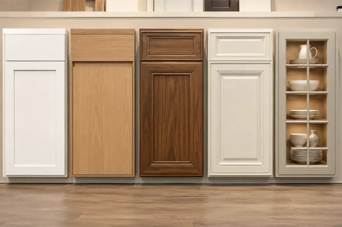 Comparison of shaker, slab, raised panel, inset, and glass kitchen cabinet door styles