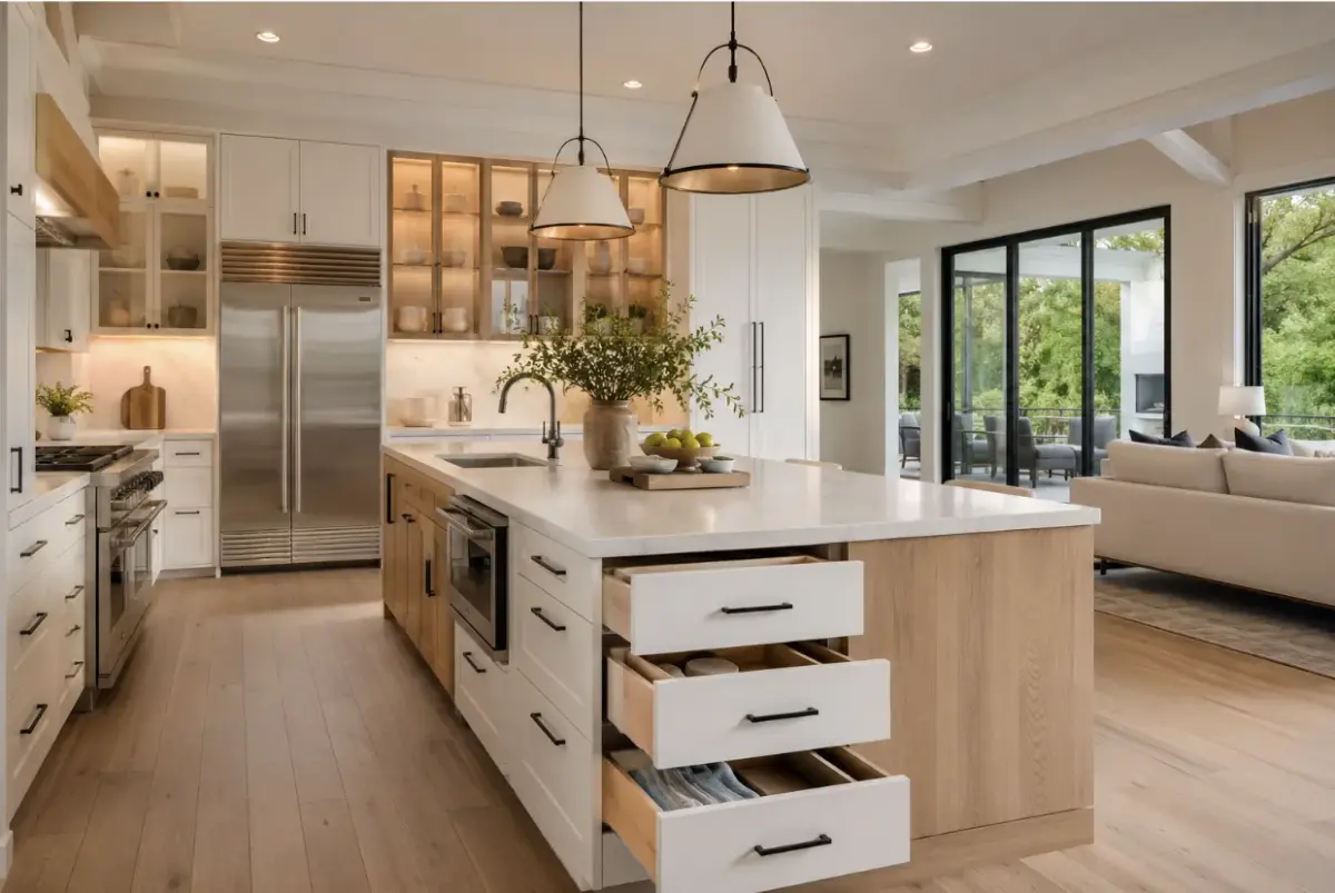 Soft-close kitchen drawers with pull-out organizers and custom storage accessories