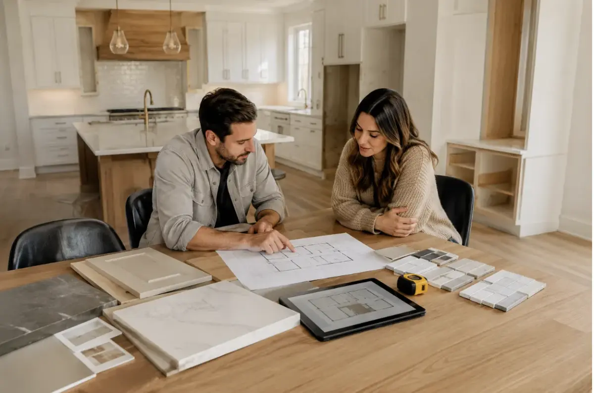 Designer and homeowner reviewing kitchen layout plans, cabinet samples, and countertop materials during a Los Angeles kitchen remodel consultation