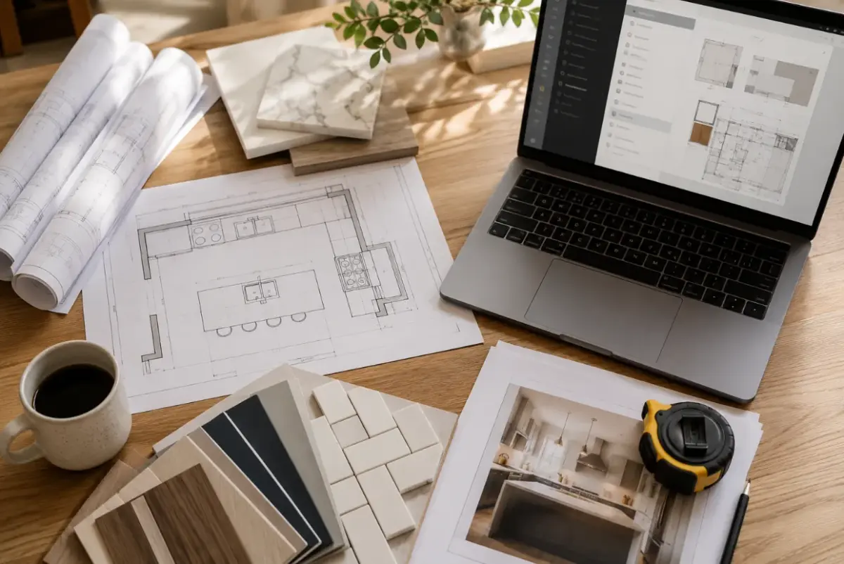 Kitchen remodel blueprints and laptop used to apply for an LADBS permit in Los Angeles