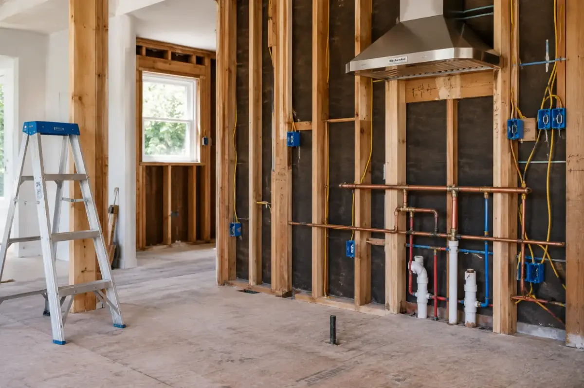 Kitchen remodel mid-construction with exposed wiring and plumbing requiring an LA building permit
