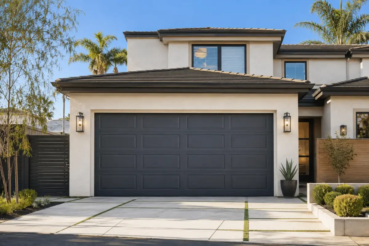 Modern Southern California home with a freshly painted charcoal garage door
