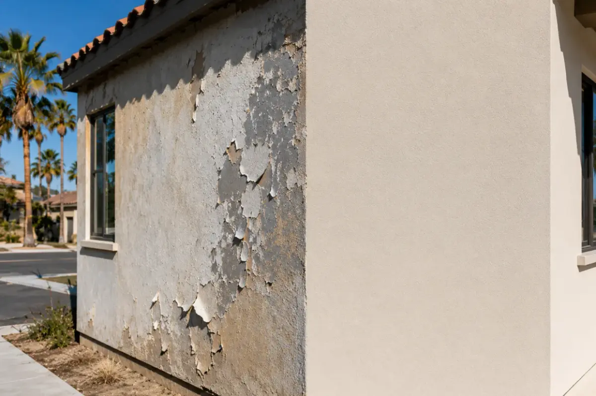 Peeling and fading paint on exterior wall showing consequences of wrong paint choice
