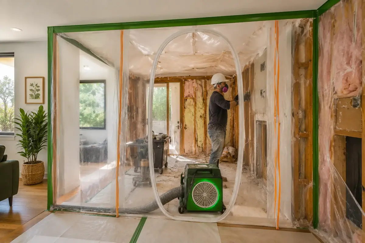 Professional home remodeling work zone with plastic containment barriers and HEPA air scrubber
