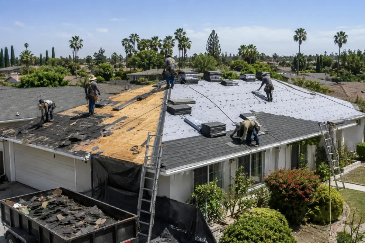 Contractor inspecting a newly installed roof after cleanup at a Los Angeles home.