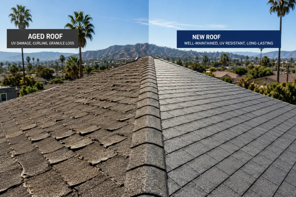 Comparison of sun-damaged roof shingles in Los Angeles heat showing wear and aging from UV exposure