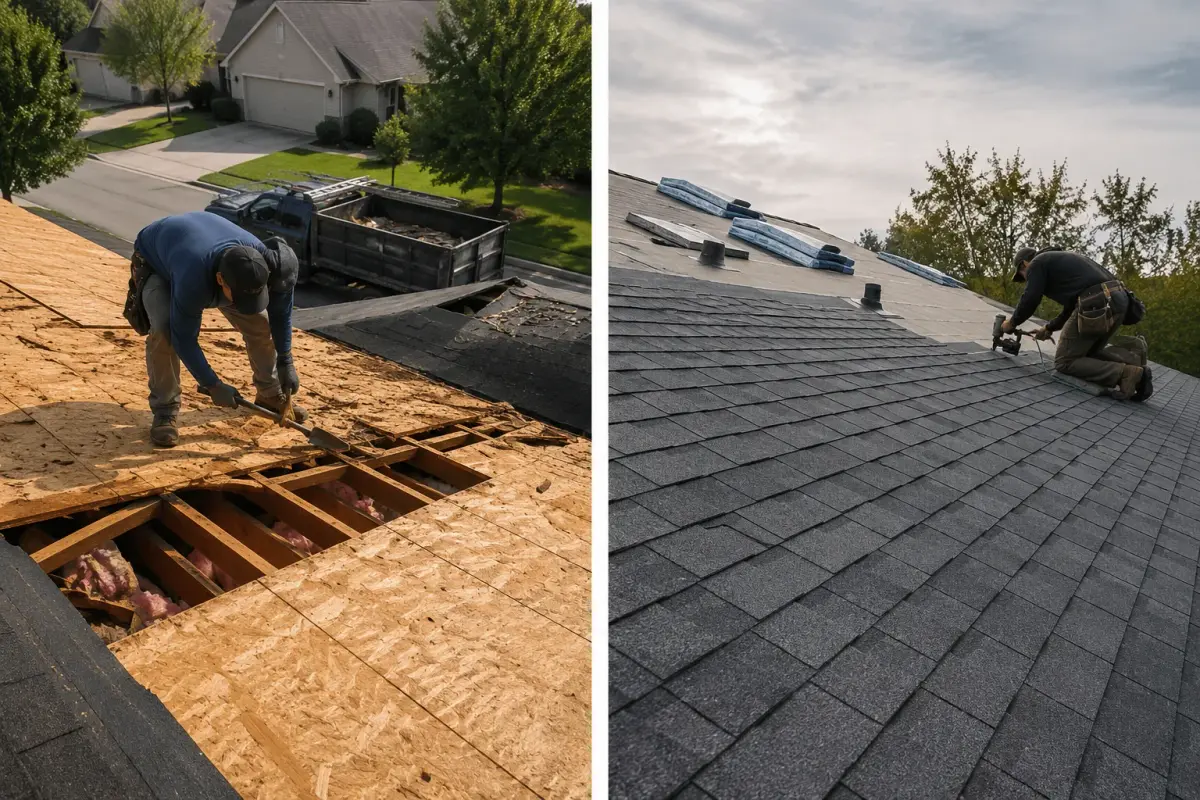 Roofers removing old roofing materials and inspecting exposed roof decking during replacement