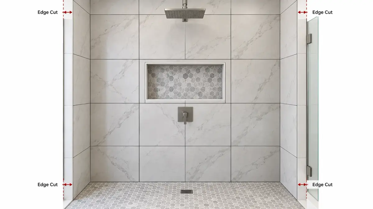 Shower tile layout showing grout lines, niche and edge cuts.