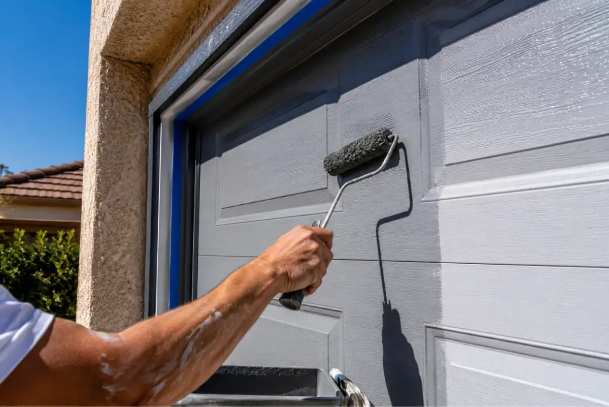 Painter applying UV-rated exterior paint to a garage door exterior in bright California sun
