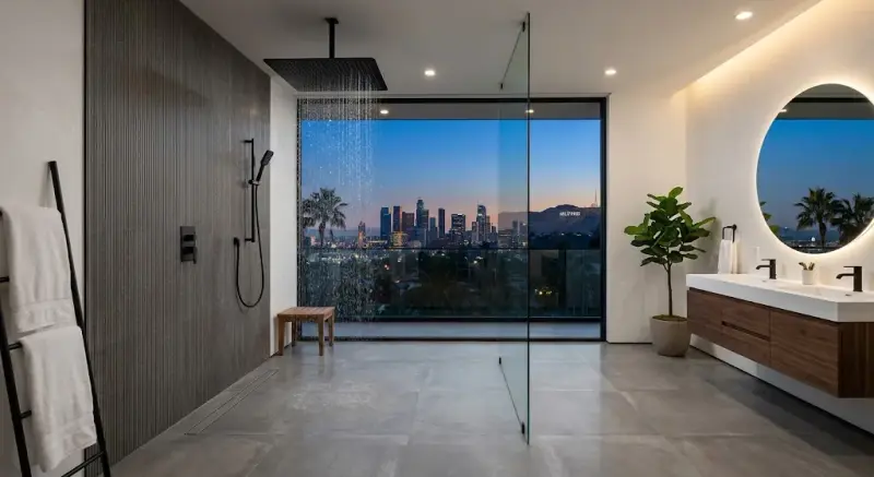 Modern walk-in shower remodeling in Los Angeles with frameless glass and rainfall shower
