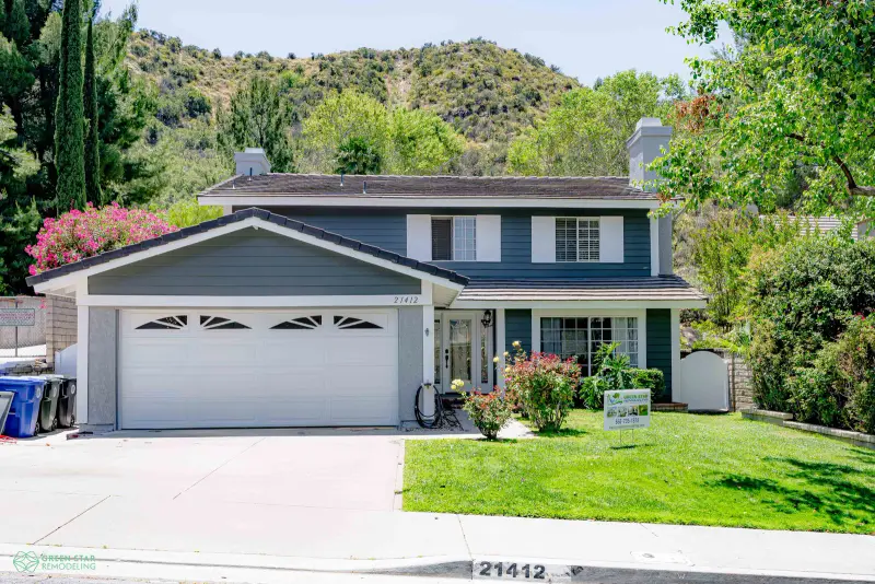 Modern blue exterior home remodel in Santa Clarita.