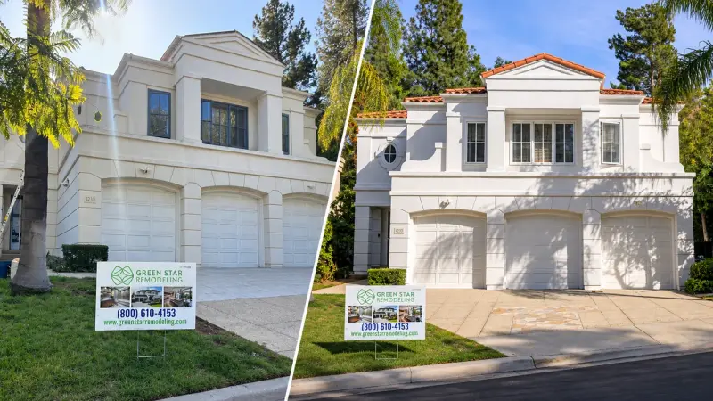 Before and after of a Calabasas home exterior remodel, from beige stucco and dark window frames to fresh white stucco, a new red tile roof and white windows.