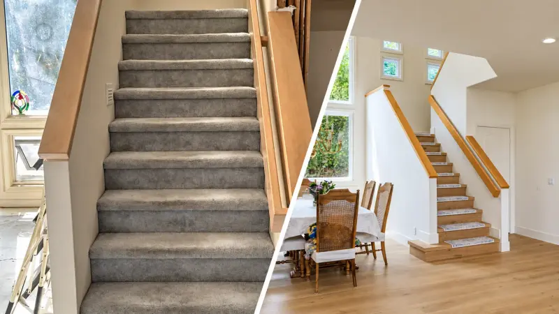 Before and after of a Calabasas staircase remodel, from worn gray carpet to wood treads, white risers and a new wood handrail.