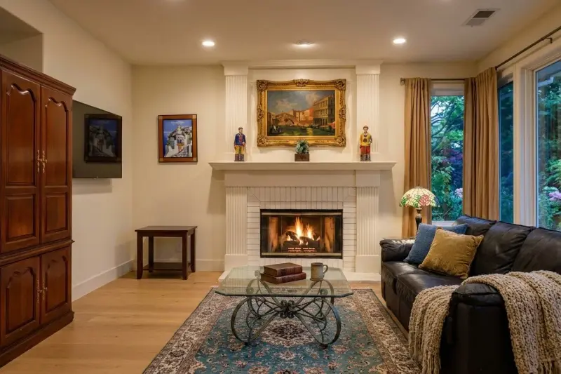 Cozy sitting area featuring a white brick fireplace with a carved mantel, dark leather seating, glass coffee table, and warm lighting.