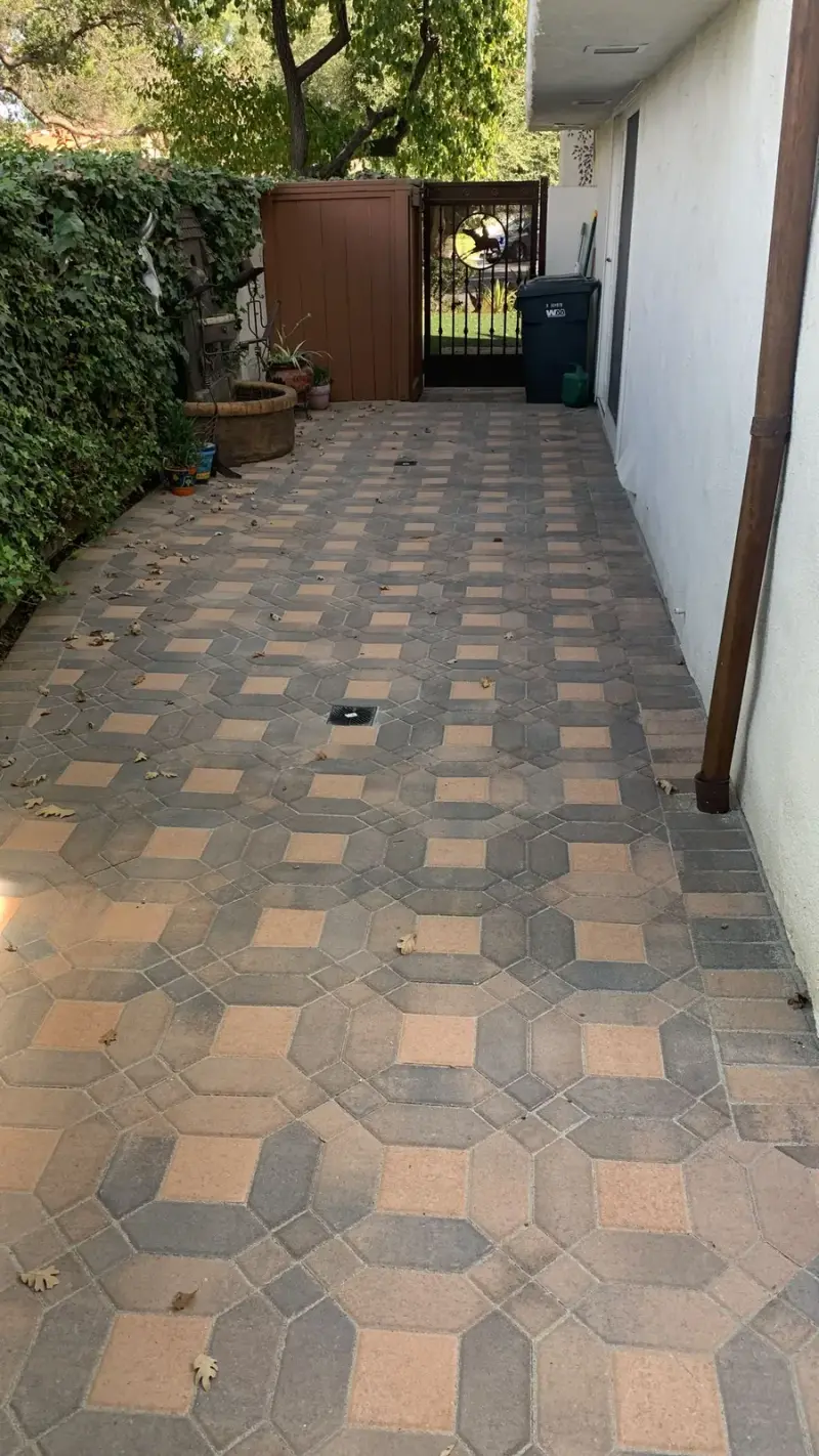 Decorative stone paver walkway in a Calabasas landscape project.