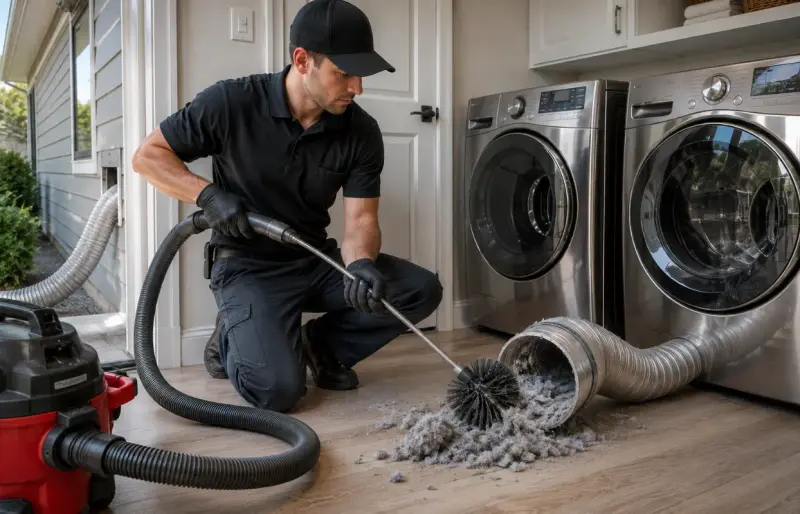 Technician removing lint from a residential dryer vent using professional cleaning equipment to improve safety and dryer efficiency in Los Angeles.