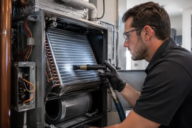 HVAC technician cleaning an evaporator coil and blower assembly to improve system efficiency and indoor air quality in a Los Angeles home.
