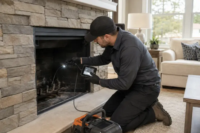 Technician repairing a chimney crown and installing a stainless steel chimney cap on a residential home.