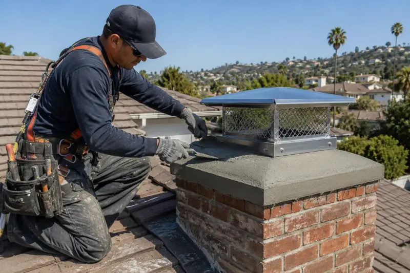 Professional chimney inspection of a residential fireplace using specialized inspection equipment in Los Angeles.
