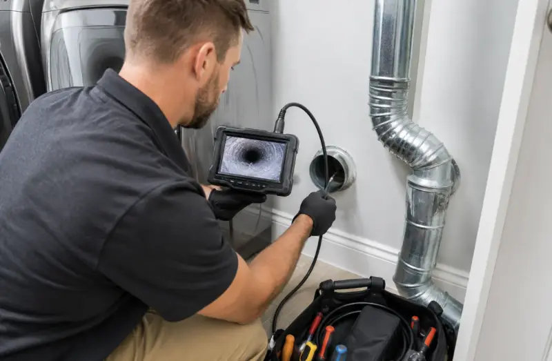 Professional video camera inspection of a residential dryer vent system before cleaning and repair.
