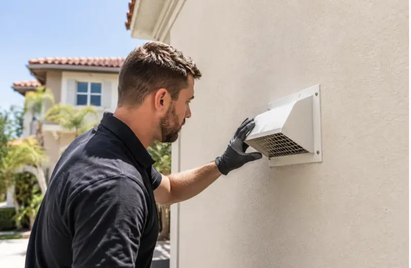 Clean exterior dryer vent exhaust hood with bird guard after professional dryer vent cleaning service.